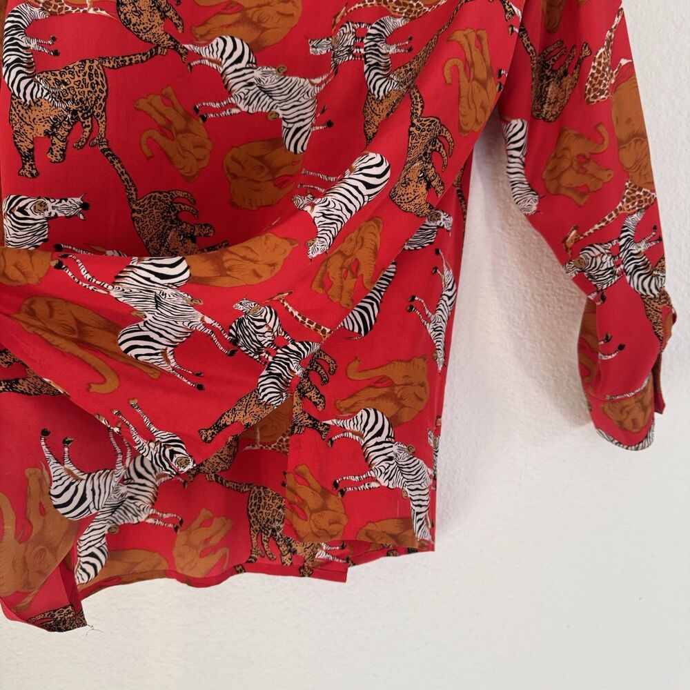 Vintage 100% Silk Piano Blouse Sz S Mob Wife Bold Red Animal Print Old Money - Picture 9 of 16